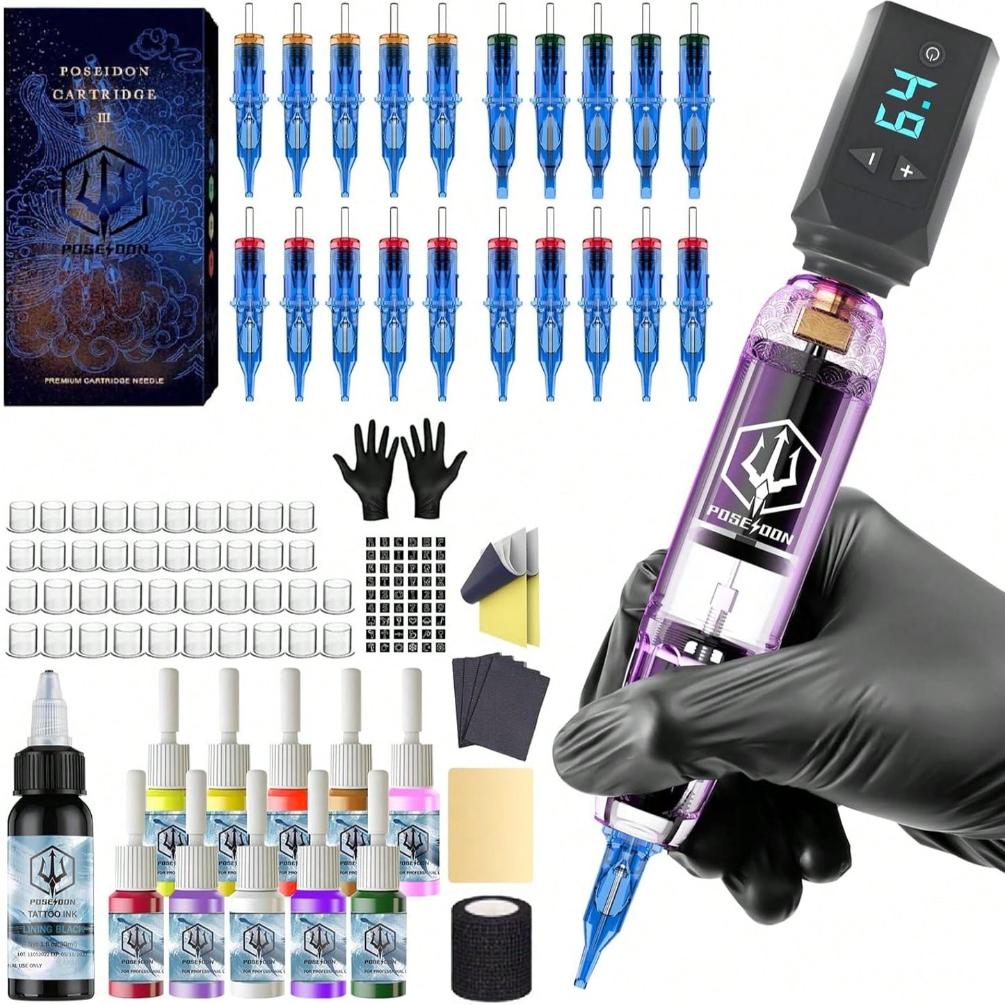 Tattoo Pen Kit - POSEIDON Wireless Tattoo Machine Kit, Tattoo Gun Kit With Tattoo Power Supply And 20 Pcs Tattoo Cartridge Needles, Complete Tattoo Kit Tattoo Supplies For Beginners(TK039)
