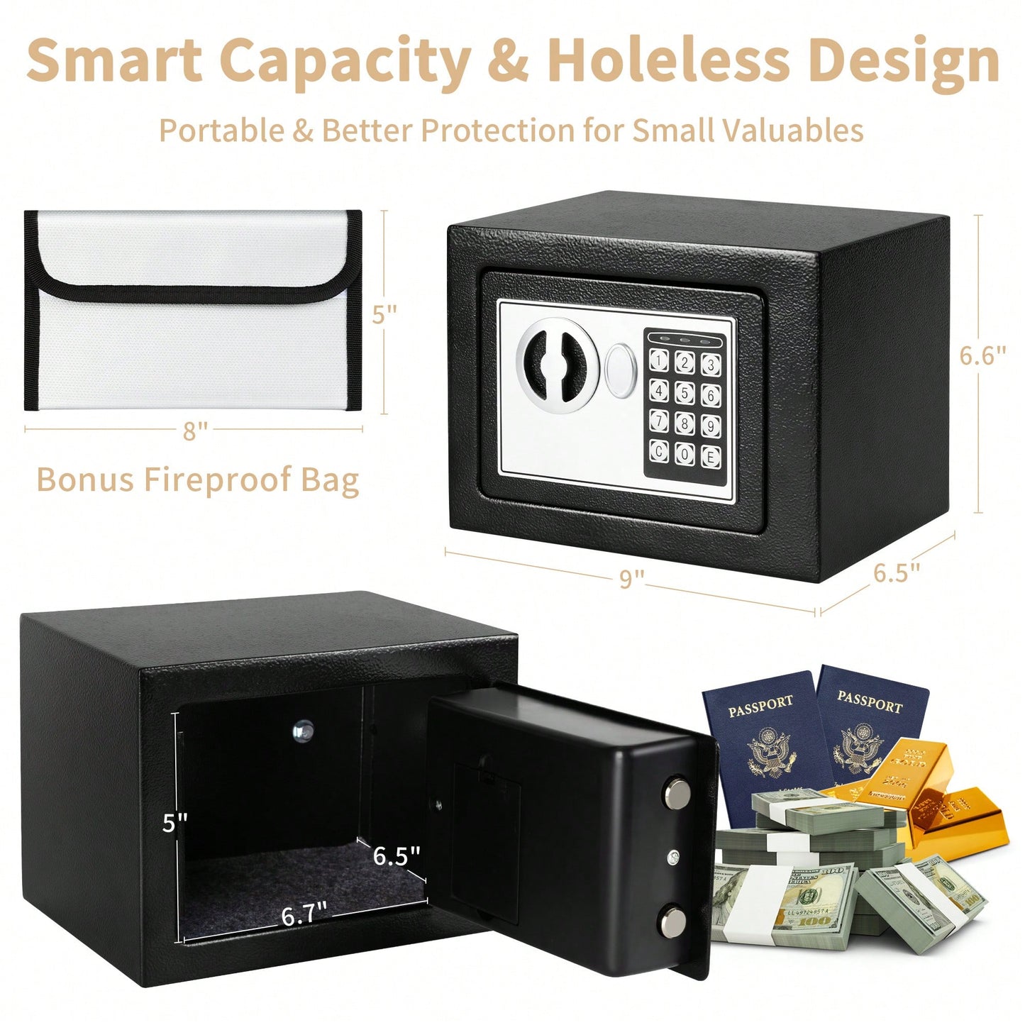 Deli 0.2 Cubic Feet Digital Safe Box – Fireproof & Secure Steel Money Safe For Home With Hidden Cash Storage & Protective Money Bag, Black