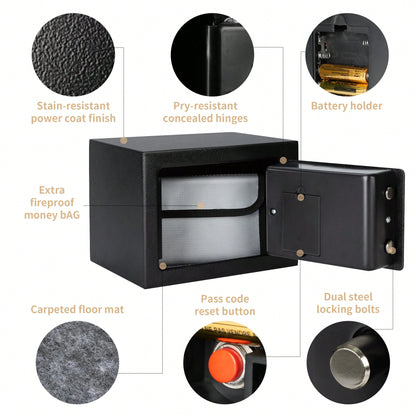 Deli 0.2 Cubic Feet Digital Safe Box – Fireproof & Secure Steel Money Safe For Home With Hidden Cash Storage & Protective Money Bag, Black