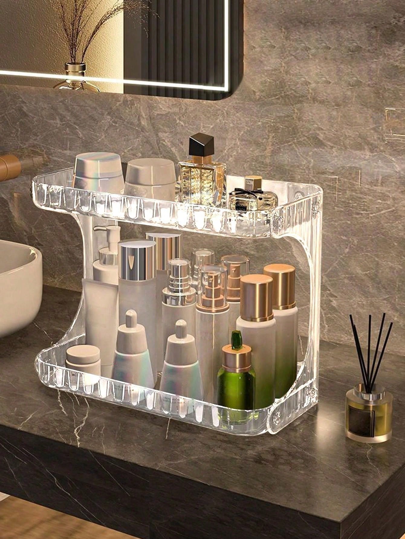 1 Set Transparent Tiered Bathroom Storage Rack, Suitable For Bathroom Storage, Skincare Products Placement, Double-Layer Bathroom Shelf, Home Bathroom Organization, Hotel Storage, Holding Toiletries, Desktop Skincare Organizer, Holding Bathing Supplies, C