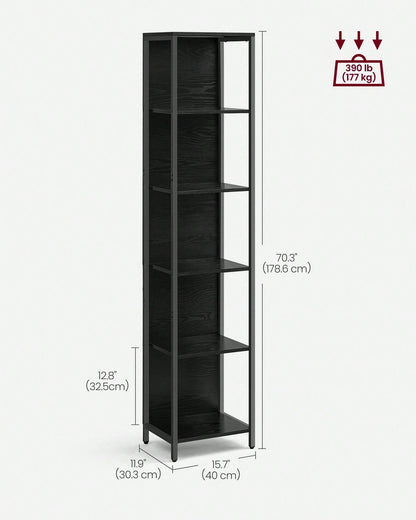 VASAGLE 6-Tier LED Bookshelf, Display Shelf With Dimmable Lights, LED Bookcase With Steel Frame, 11.9 X 15.7 X 70.3 Inches, For Living Room, Bedroom, Office, Black With Wood Grain