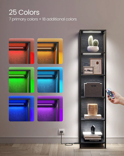 VASAGLE 6-Tier LED Bookshelf, Display Shelf With Dimmable Lights, LED Bookcase With Steel Frame, 11.9 X 15.7 X 70.3 Inches, For Living Room, Bedroom, Office, Black With Wood Grain