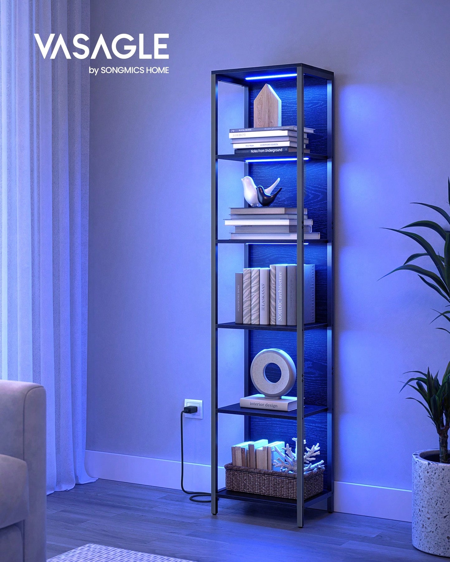 VASAGLE 6-Tier LED Bookshelf, Display Shelf With Dimmable Lights, LED Bookcase With Steel Frame, 11.9 X 15.7 X 70.3 Inches, For Living Room, Bedroom, Office, Black With Wood Grain