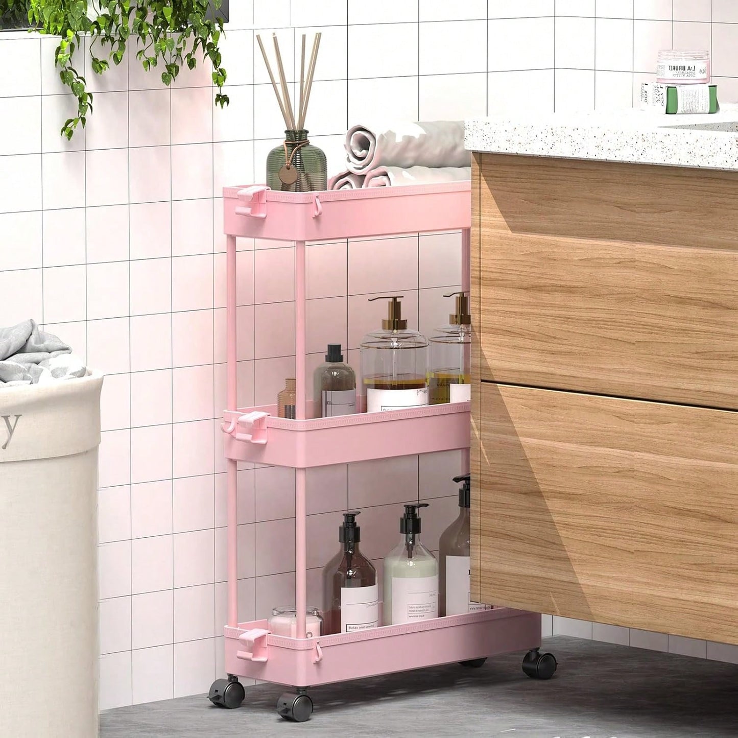 SPACEKEEPER Slim Rolling Storage Cart, 3 Tier Bathroom Storage Organizer Laundry Room Utility Cart Mobile Shelving Unit, Multi-Purpose For Kitchen Office Bathroom Laundry Narrow Places