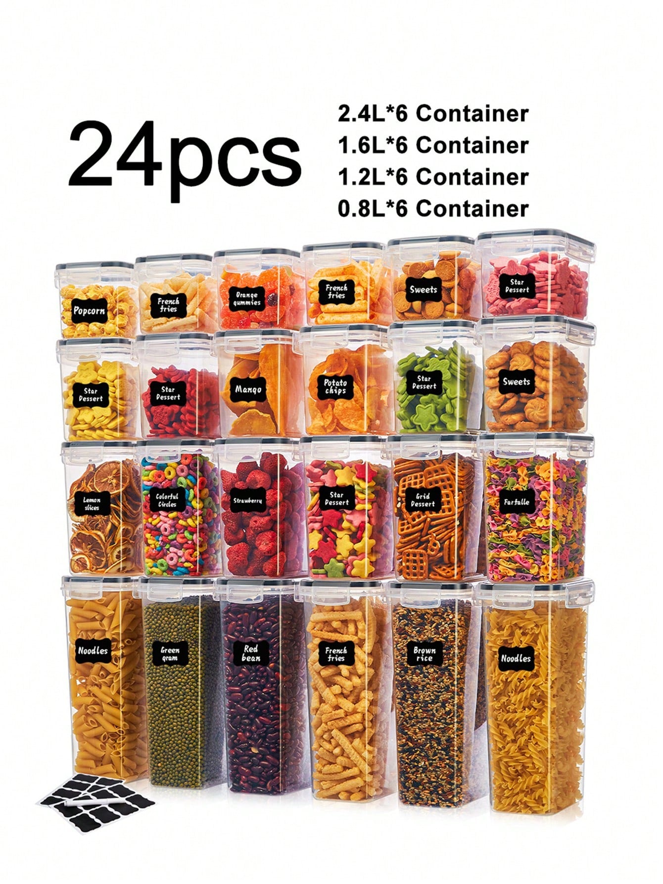 VOOVA 48pcs Sealed Food Storage Containers With LIDS - Lunch Boxes Ideal For Organizing And Storing Grains, Rice, Pasta, Tea, Nuts And Coffee Beans In A Kitchen Pantry - Can Be Used For Dishwasher Washing, Including Labels And Markers