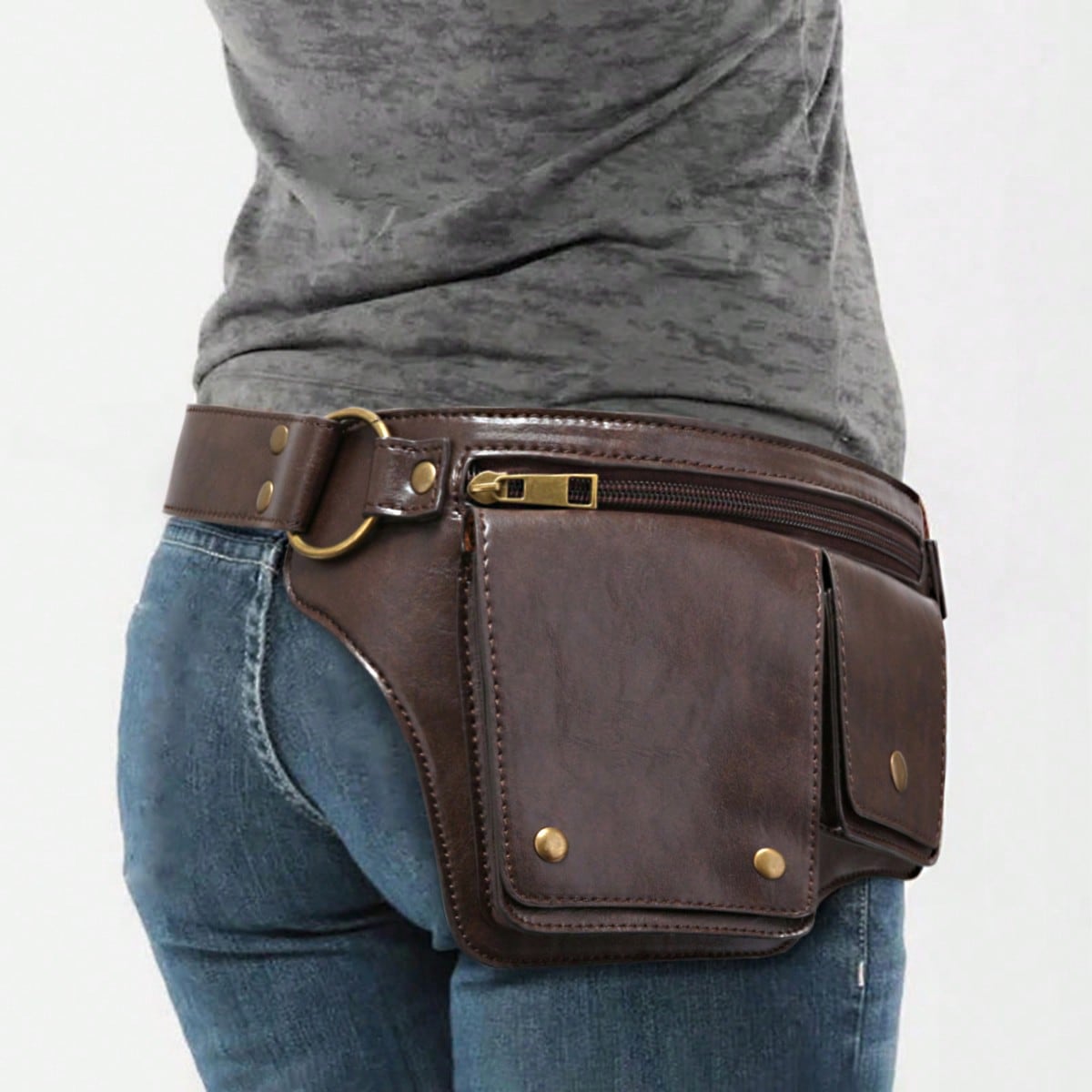 Vintage Leather Fanny Pack with Gold Studs | Women's Waist Bag | MIRA