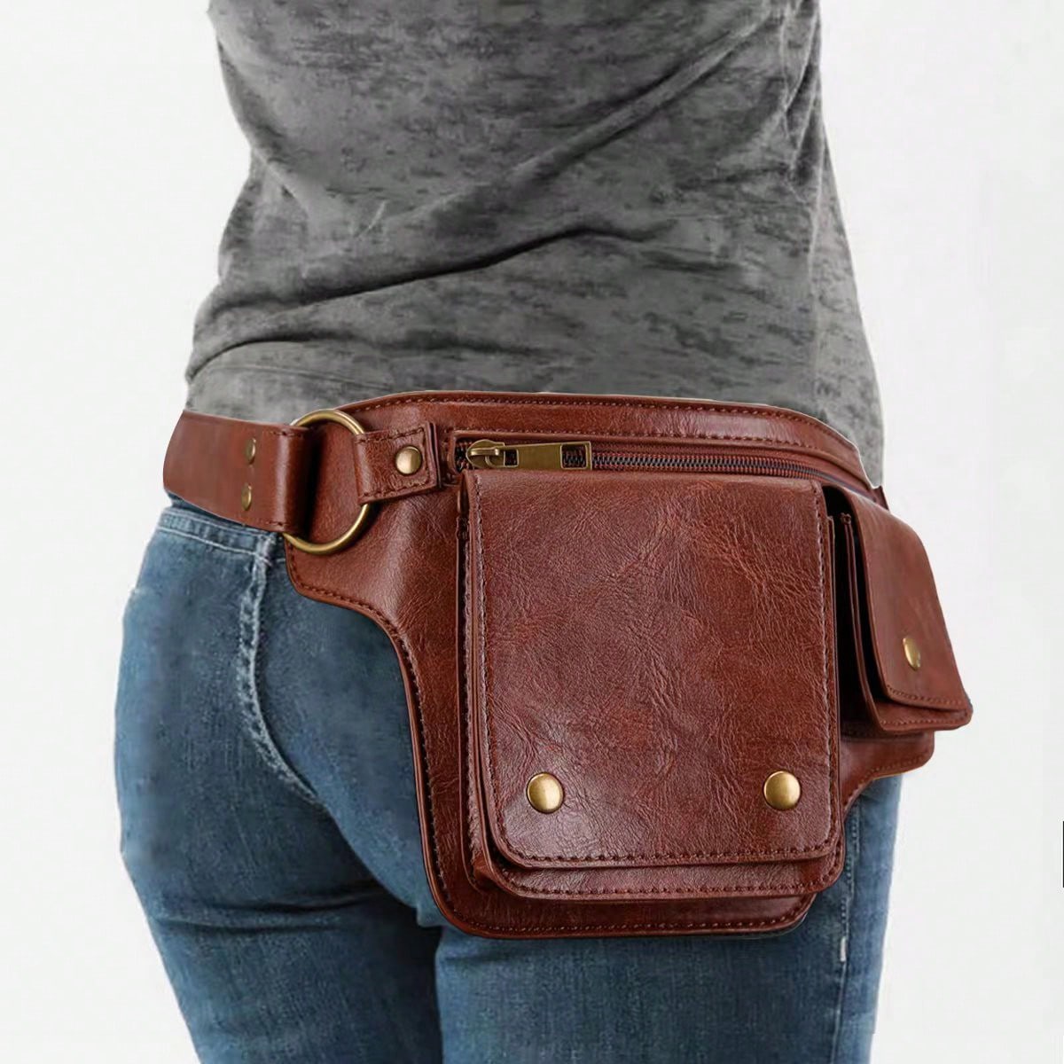 Vintage Leather Fanny Pack with Gold Studs | Women's Waist Bag | MIRA
