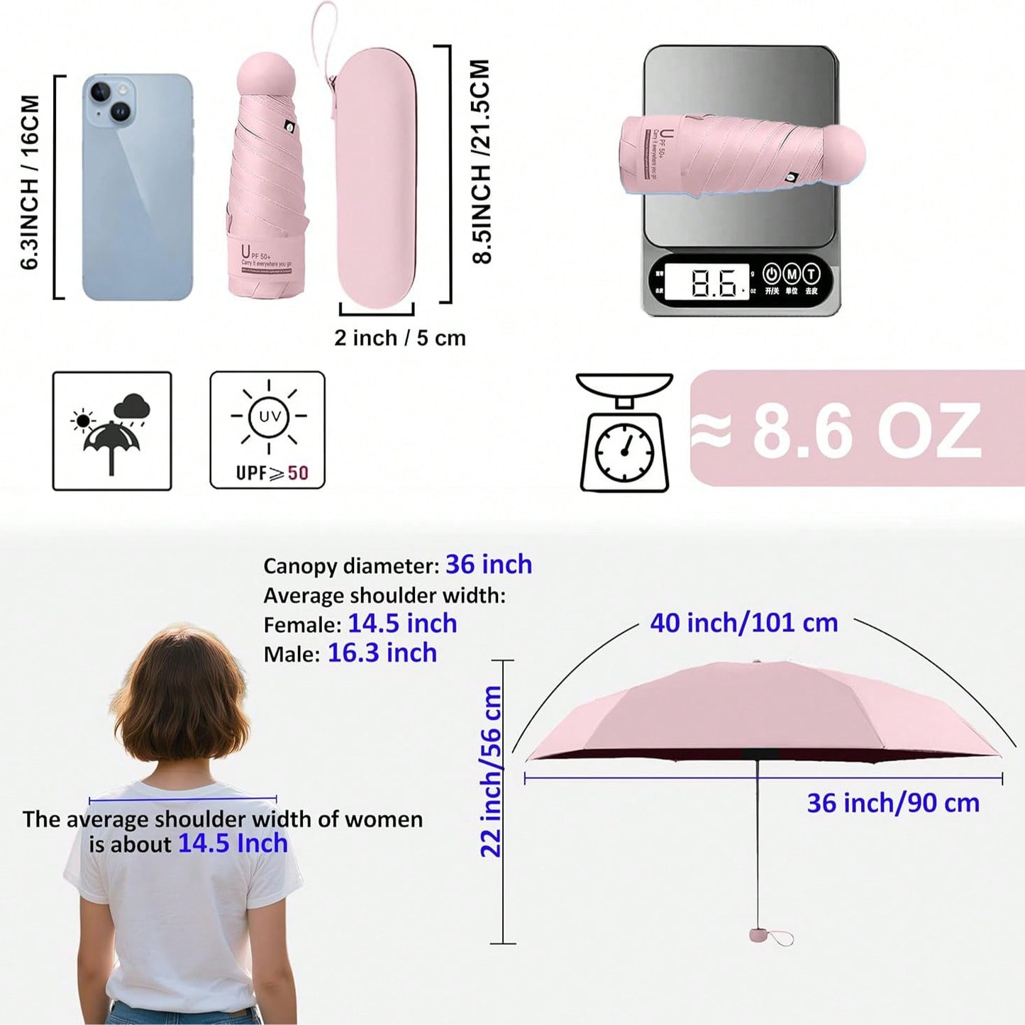 Compact UV Sun ProtectionTravel Umbrella With Case, Mini Umbrella For Purse, Lightweight Windproof 8-Rib Pocket Umbrella For Women Kids And Men