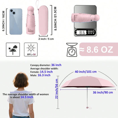 Compact UV Sun ProtectionTravel Umbrella With Case, Mini Umbrella For Purse, Lightweight Windproof 8-Rib Pocket Umbrella For Women Kids And Men