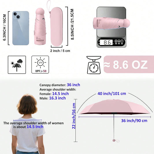 Compact UV Sun ProtectionTravel Umbrella With Case, Mini Umbrella For Purse, Lightweight Windproof 8-Rib Pocket Umbrella For Women Kids And Men