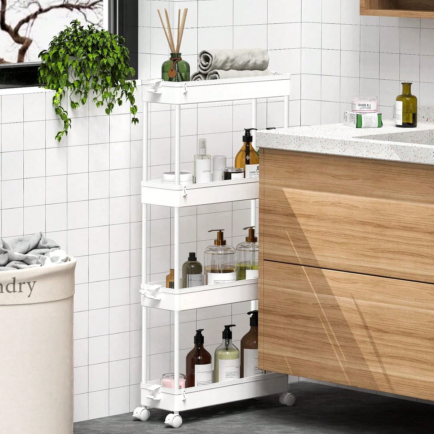 SPACEKEEPER Slim Rolling Storage Cart 4 Tier Bathroom Organizer Mobile Shelving Unit Utility Cart Tower Rack For Kitchen Laundry Narrow Places