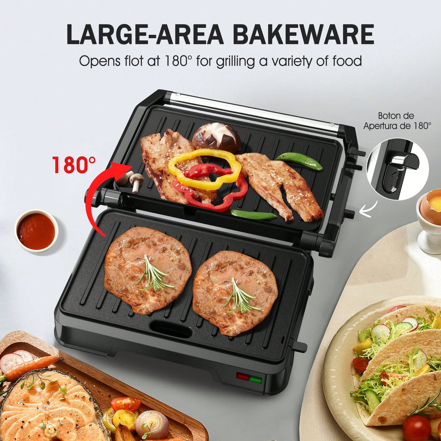 CACHOO Panini Grill Press - 2-Slice, 180° Opening, Non-Stick For Versatile Grilling, Toasting, And Cooking, Easy To Clean, Perfect For Home Kitchens, 850W, 304 Stainless Steel