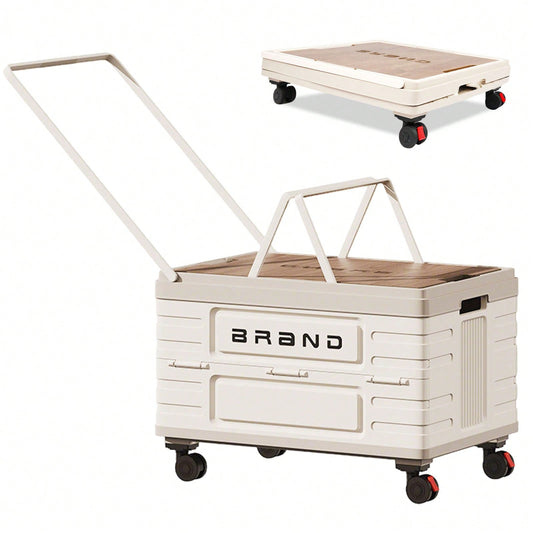 Folding Utility Cart Portable Rolling Crate Handcart Shopping Trolley Collapsible Tool Box With Wooden Lid, Basket On 4 Rotate Wheels, For Grocery, Office, Luggage, Teacher, Travel (White)
