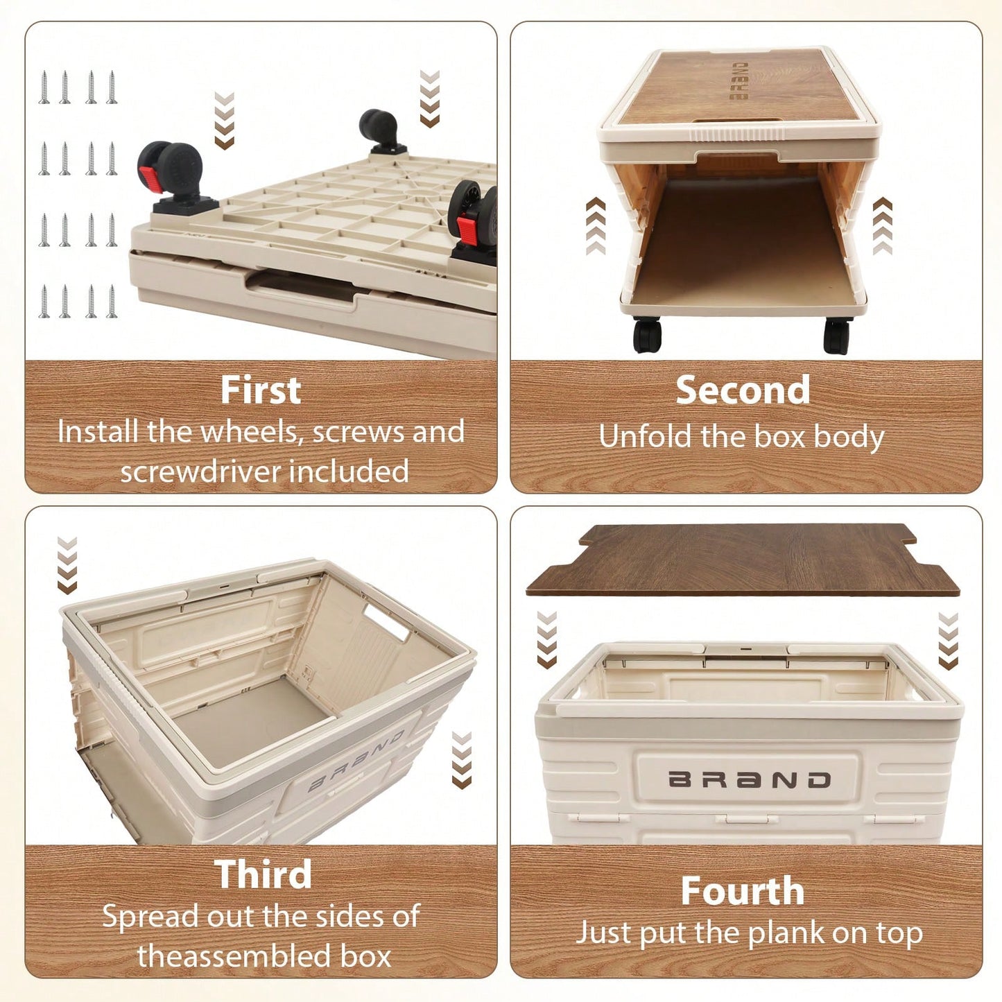 Folding Utility Cart Portable Rolling Crate Handcart Shopping Trolley Collapsible Tool Box With Wooden Lid, Basket On 4 Rotate Wheels, For Grocery, Office, Luggage, Teacher, Travel (White)