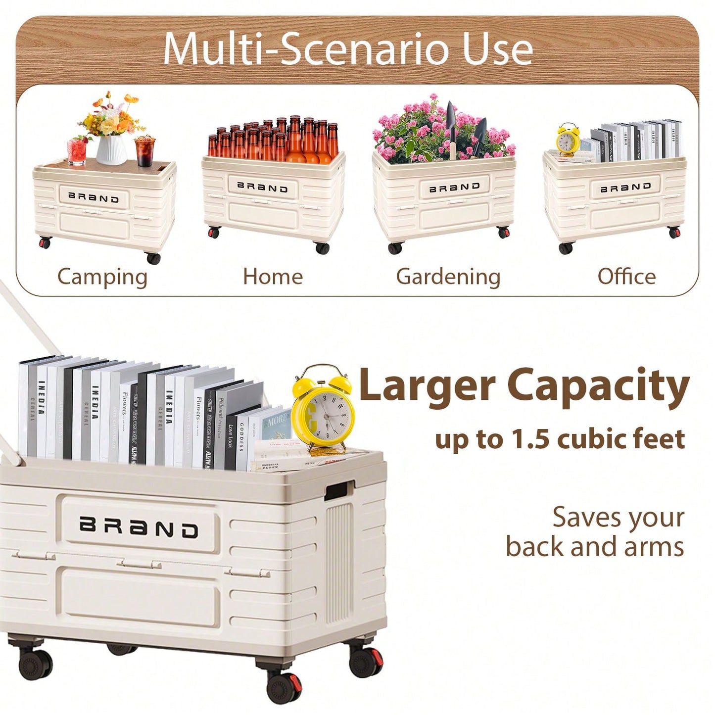 Folding Utility Cart Portable Rolling Crate Handcart Shopping Trolley Collapsible Tool Box With Wooden Lid, Basket On 4 Rotate Wheels, For Grocery, Office, Luggage, Teacher, Travel (White)