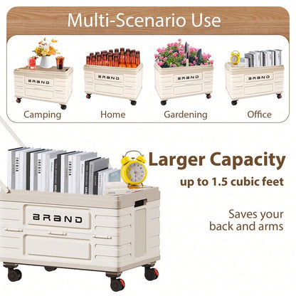 Folding Utility Cart Portable Rolling Crate Handcart Shopping Trolley Collapsible Tool Box With Wooden Lid, Basket On 4 Rotate Wheels, For Grocery, Office, Luggage, Teacher, Travel (White)