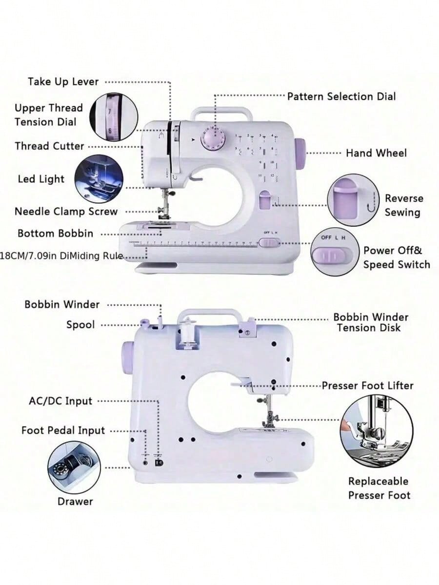 Portable Electric Sewing Machine Professional Version, With 12 Thread Patterns, Adjustable Speed, Overlock, Suitable For Novice Sewing Enthusiasts, Lightweight, Easy To Use, Very Suitable For Repair DIY, Handmade