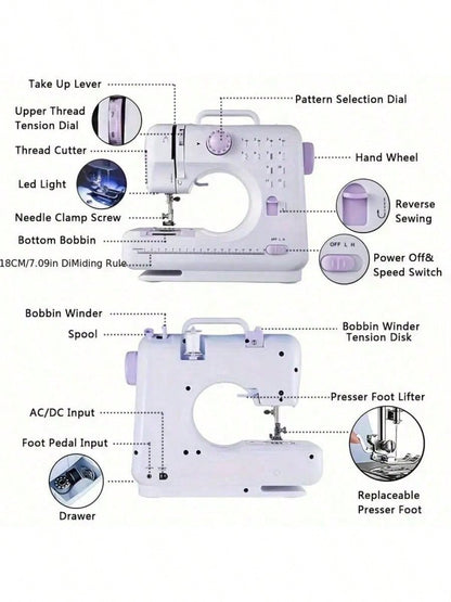 Portable Electric Sewing Machine Professional Version, With 12 Thread Patterns, Adjustable Speed, Overlock, Suitable For Novice Sewing Enthusiasts, Lightweight, Easy To Use, Very Suitable For Repair DIY, Handmade