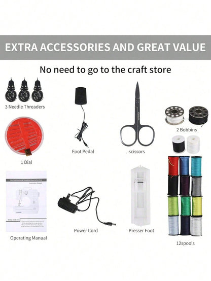 Portable Electric Sewing Machine Professional Version, With 12 Thread Patterns, Adjustable Speed, Overlock, Suitable For Novice Sewing Enthusiasts, Lightweight, Easy To Use, Very Suitable For Repair DIY, Handmade