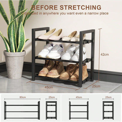 Expandable Shoe Rack, 2-Tier Adjustable Space Saving Narrow Shoe Organizer, Heavy Duty Metal Free Standing Storage For Entryway, Closet, Doorway (Black)
