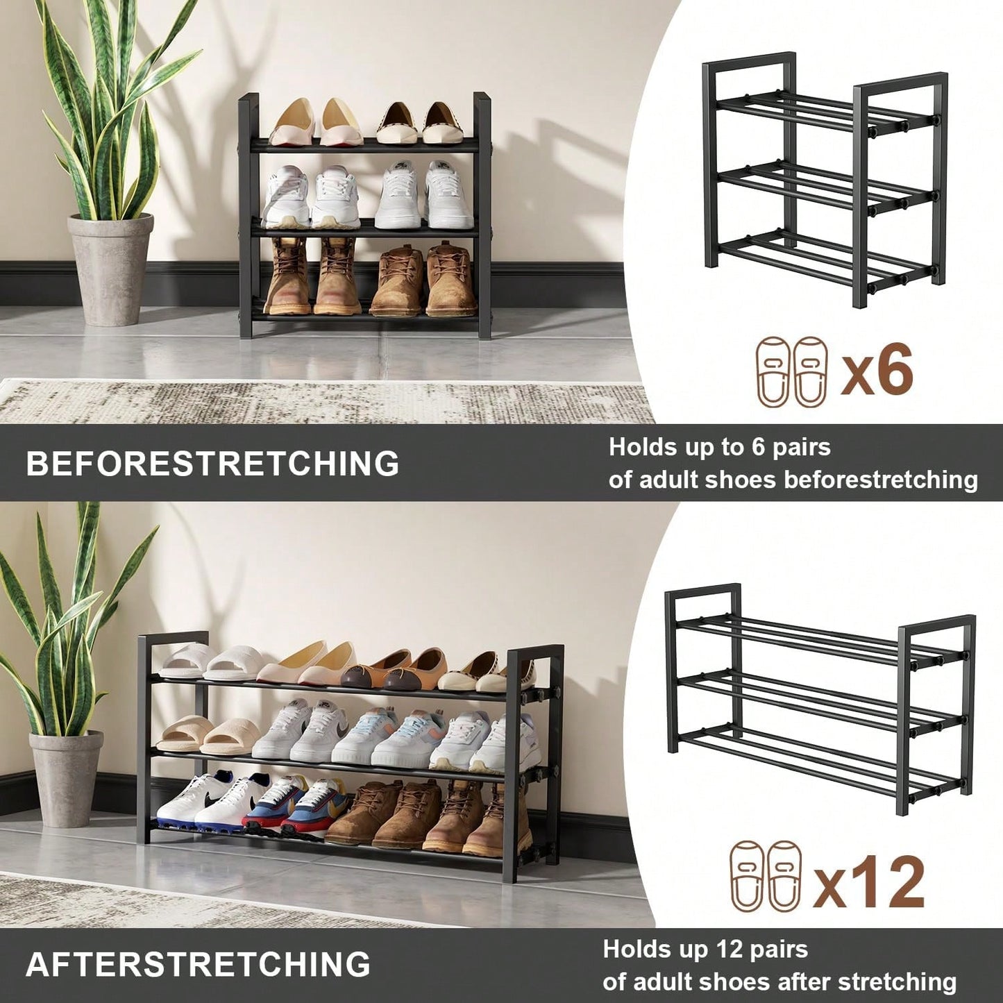 Expandable Shoe Rack, 2-Tier Adjustable Space Saving Narrow Shoe Organizer, Heavy Duty Metal Free Standing Storage For Entryway, Closet, Doorway (Black)