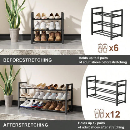Expandable Shoe Rack, 2-Tier Adjustable Space Saving Narrow Shoe Organizer, Heavy Duty Metal Free Standing Storage For Entryway, Closet, Doorway (Black)