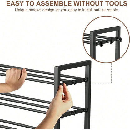 Expandable Shoe Rack, 2-Tier Adjustable Space Saving Narrow Shoe Organizer, Heavy Duty Metal Free Standing Storage For Entryway, Closet, Doorway (Black)