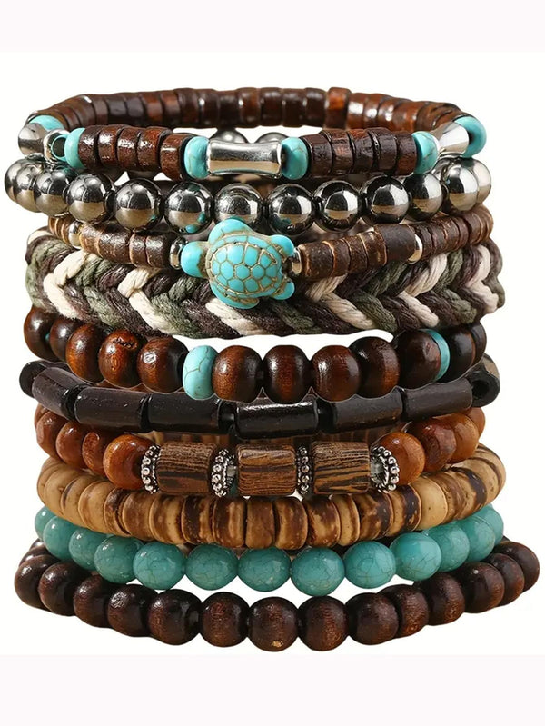 Handmade Boho Beaded Bracelet Set with Turtle Charm
