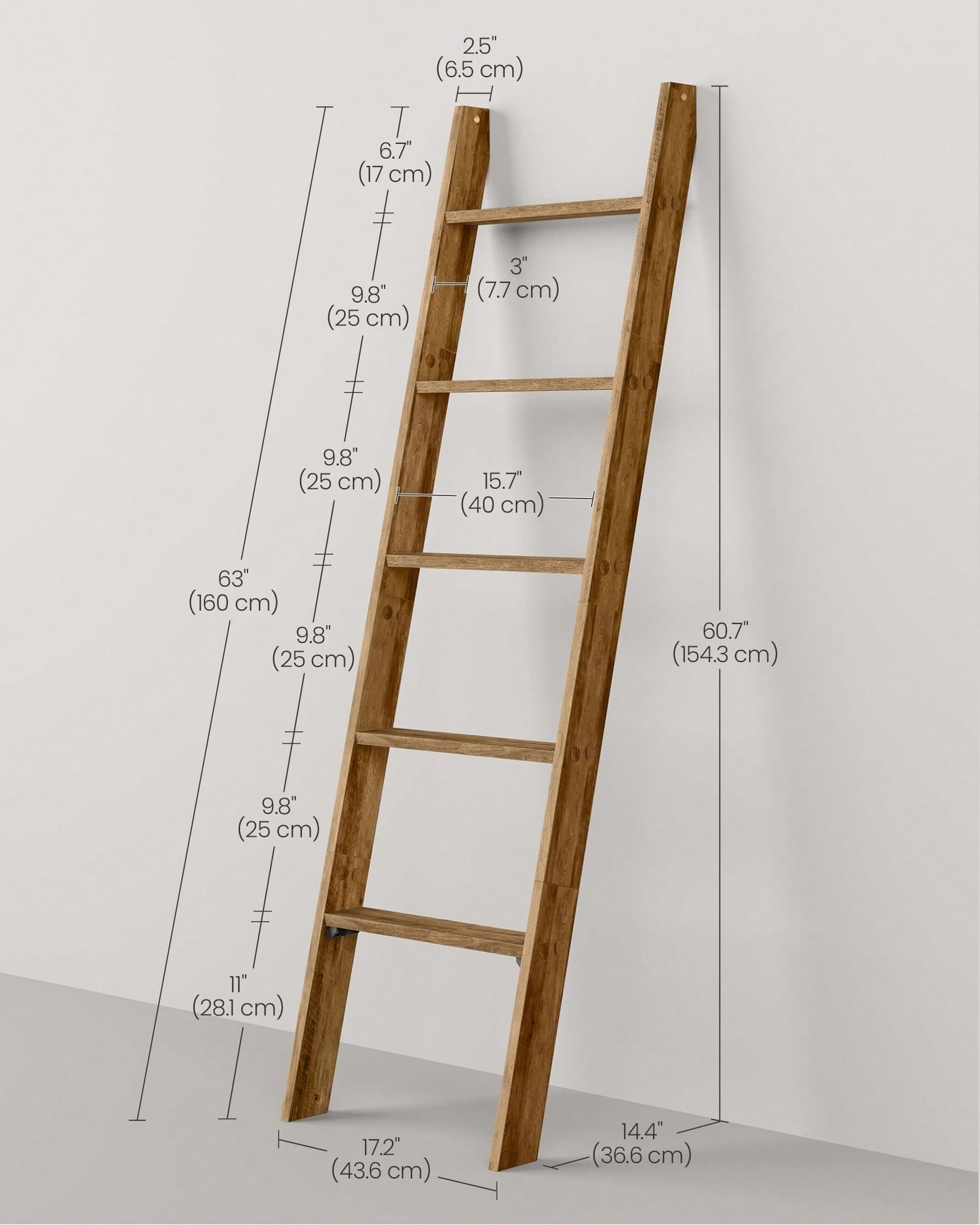 VASAGLE Blanket Ladder Decorative Farmhouse For The Living Room, 5-Tier Ladder Shelf, Ladder Rack For Storage And Decor, Honey Brown ULLS018K41
