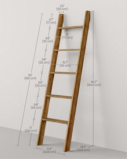 VASAGLE Blanket Ladder Decorative Farmhouse For The Living Room, 5-Tier Ladder Shelf, Ladder Rack For Storage And Decor, Honey Brown ULLS018K41