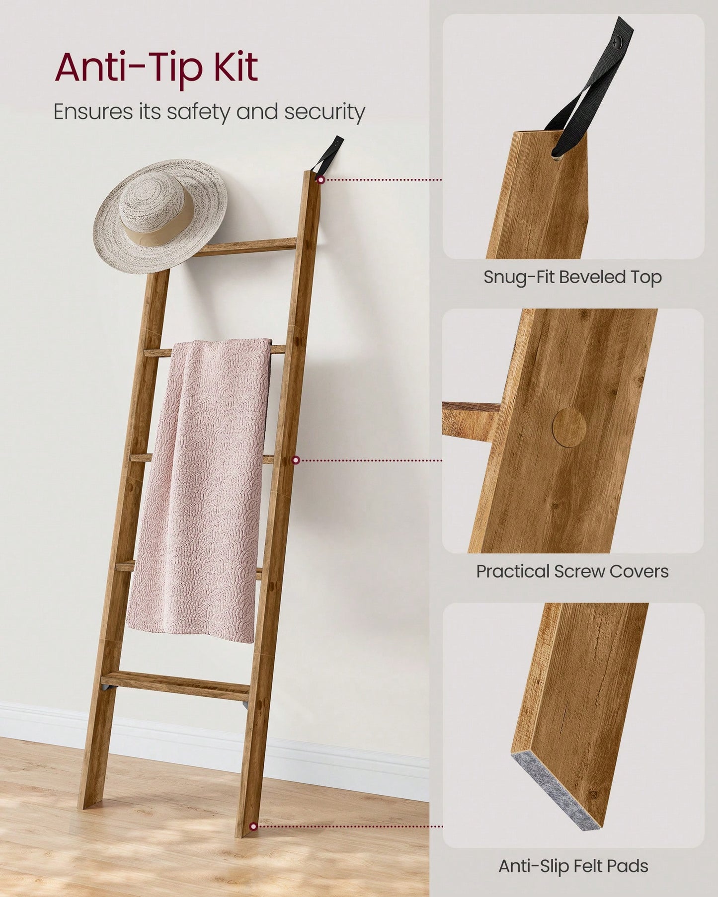VASAGLE Blanket Ladder Decorative Farmhouse For The Living Room, 5-Tier Ladder Shelf, Ladder Rack For Storage And Decor, Honey Brown ULLS018K41