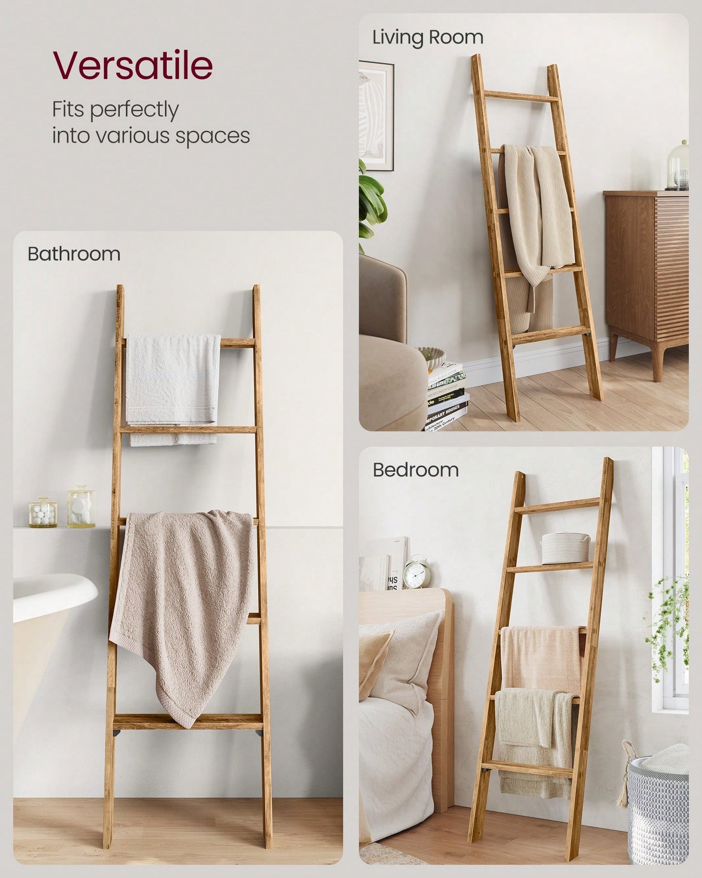 VASAGLE Blanket Ladder Decorative Farmhouse For The Living Room, 5-Tier Ladder Shelf, Ladder Rack For Storage And Decor, Honey Brown ULLS018K41