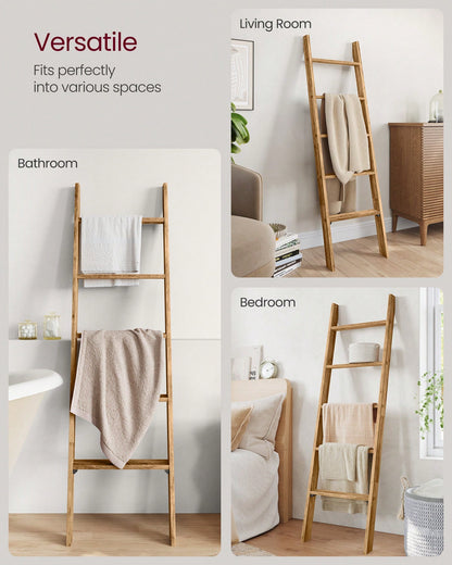 VASAGLE Blanket Ladder Decorative Farmhouse For The Living Room, 5-Tier Ladder Shelf, Ladder Rack For Storage And Decor, Honey Brown ULLS018K41