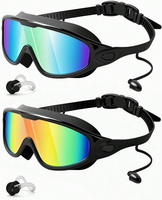 Swimming Goggles For Adults, Wide View Swim Goggles For Men&Women, Anti-Fog, Full Coverage Design, 3-Color UV Protection, With Integrated Earplugs & Nose Clips, Suitable For Outdoor Activities, Outdoor Fun