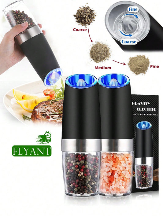 Electric Salt And Pepper Grinder Set Automatic Salt And Pepper Grinder Set With LED Light, Battery Operated, Adjustable Coarseness, Large Capacity, For Home Kitchen BBQ Single-Handed Automatic Operation Stainless Steel