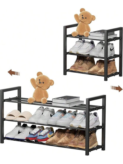 Expandable Shoe Rack, 2-Tier Adjustable Space Saving Narrow Shoe Organizer, Heavy Duty Metal Free Standing Storage For Entryway, Closet, Doorway (Black)