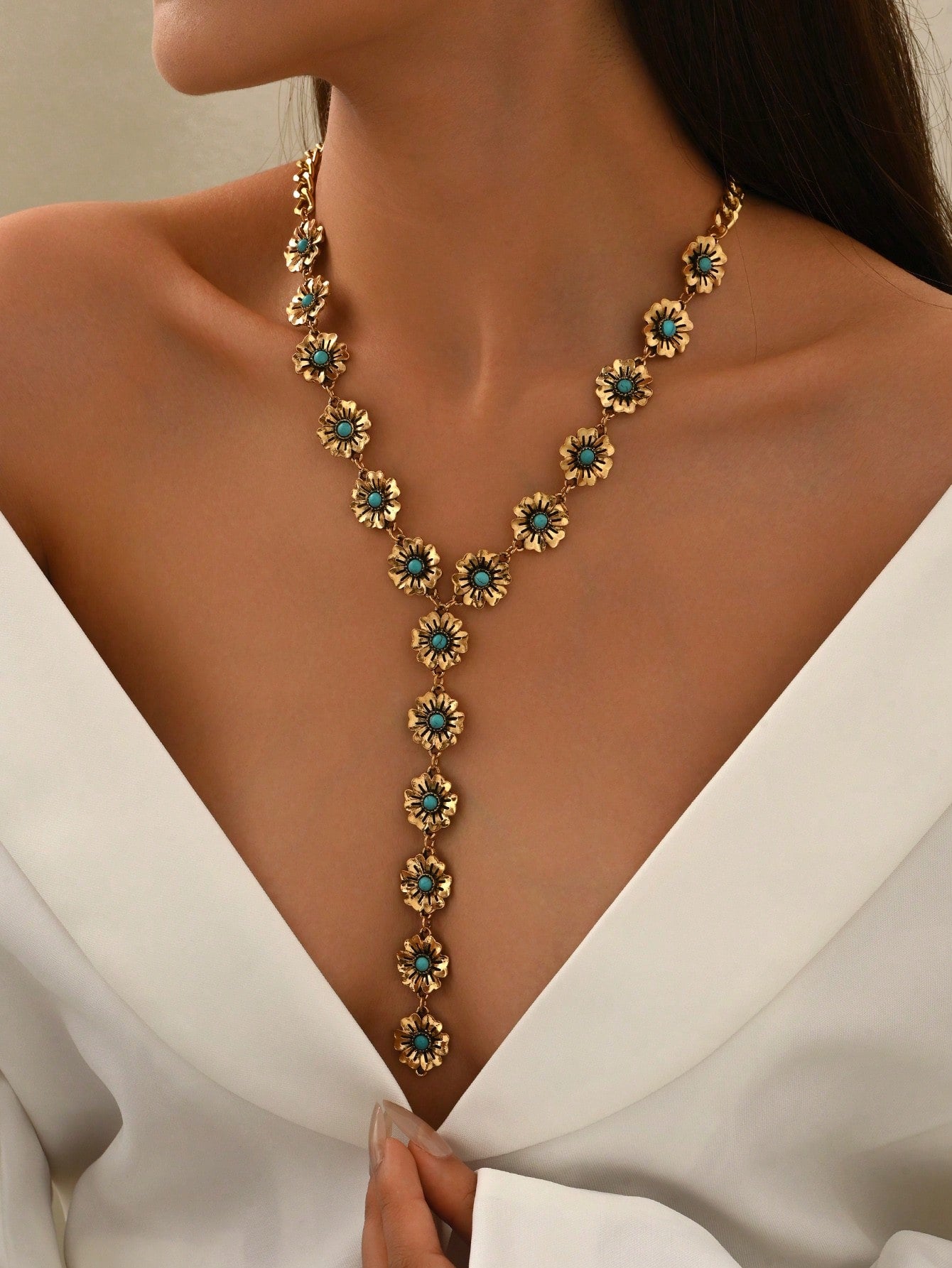 Vintage Geometric Faux Gemstone Y-Shaped Tassel Necklace | MIRA