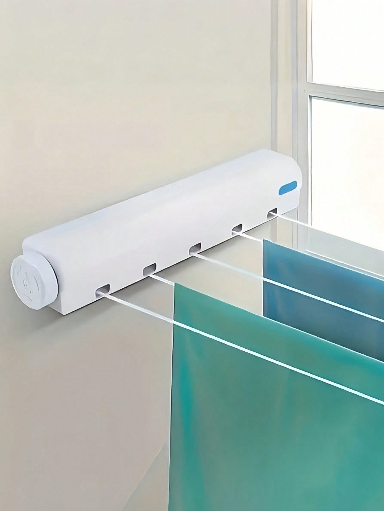 SHEIN 1pc Space Saving Retractable Clothesline With 4/5 Ropes, Wall Mounted Durable Plastic Drying Rack With Towel Bar And Hooks, Portable Clothes Drying Rack