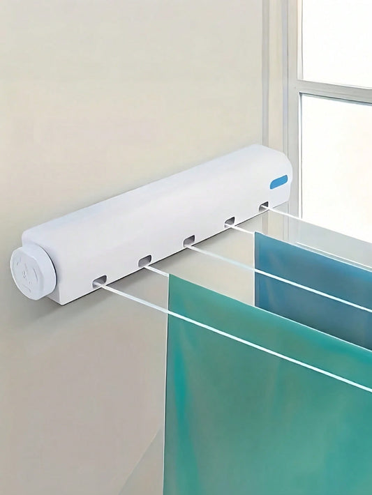 SHEIN 1pc Space Saving Retractable Clothesline With 4/5 Ropes, Wall Mounted Durable Plastic Drying Rack With Towel Bar And Hooks, Portable Clothes Drying Rack