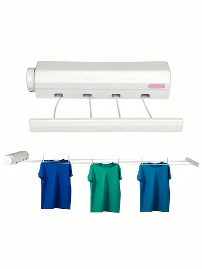 SHEIN 1pc Space Saving Retractable Clothesline With 4/5 Ropes, Wall Mounted Durable Plastic Drying Rack With Towel Bar And Hooks, Portable Clothes Drying Rack