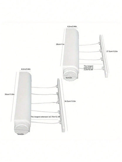 SHEIN 1pc Space Saving Retractable Clothesline With 4/5 Ropes, Wall Mounted Durable Plastic Drying Rack With Towel Bar And Hooks, Portable Clothes Drying Rack