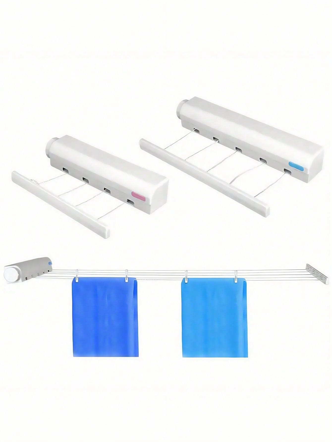 SHEIN 1pc Space Saving Retractable Clothesline With 4/5 Ropes, Wall Mounted Durable Plastic Drying Rack With Towel Bar And Hooks, Portable Clothes Drying Rack