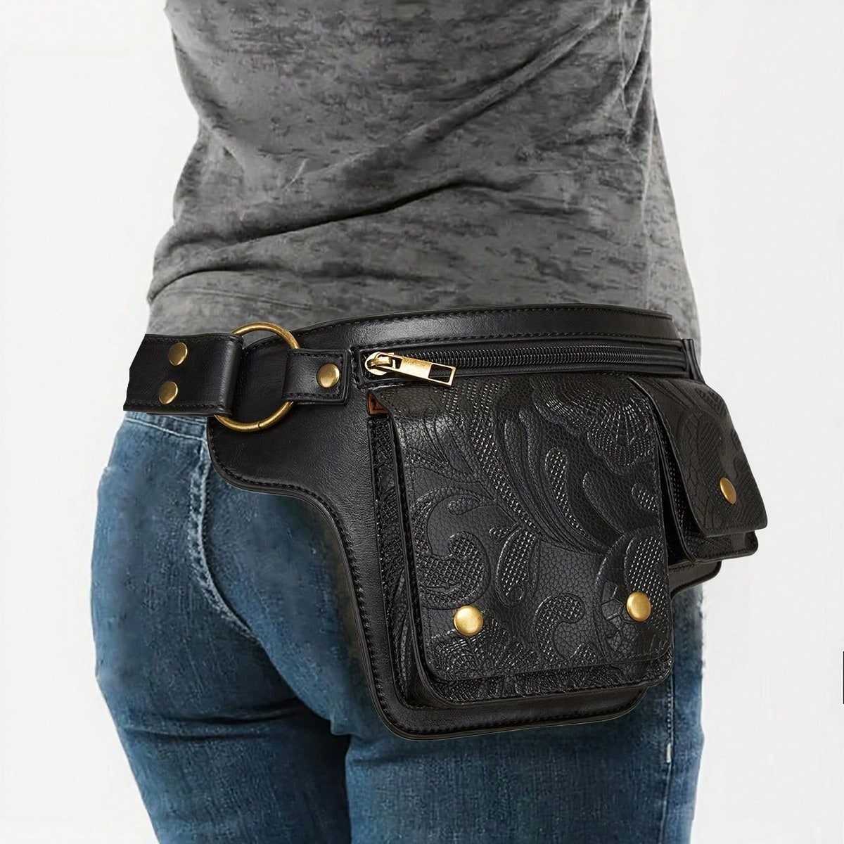 Vintage Leather Fanny Pack with Gold Studs | Women's Waist Bag | MIRA