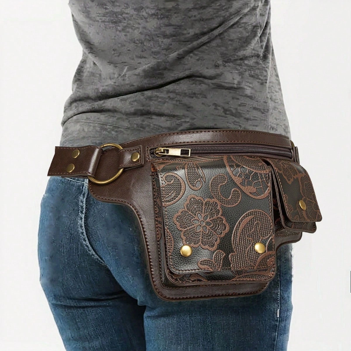 Vintage Leather Fanny Pack with Gold Studs | Women's Waist Bag | MIRA