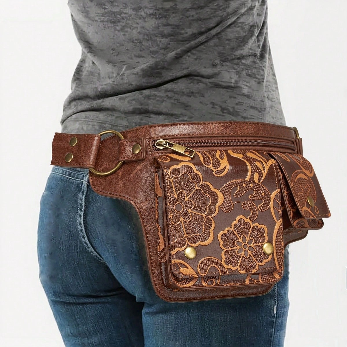 Vintage Leather Fanny Pack with Gold Studs | Women's Waist Bag | MIRA