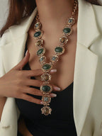 Vintage Geometric Faux Gemstone Y-Shaped Tassel Necklace | MIRA