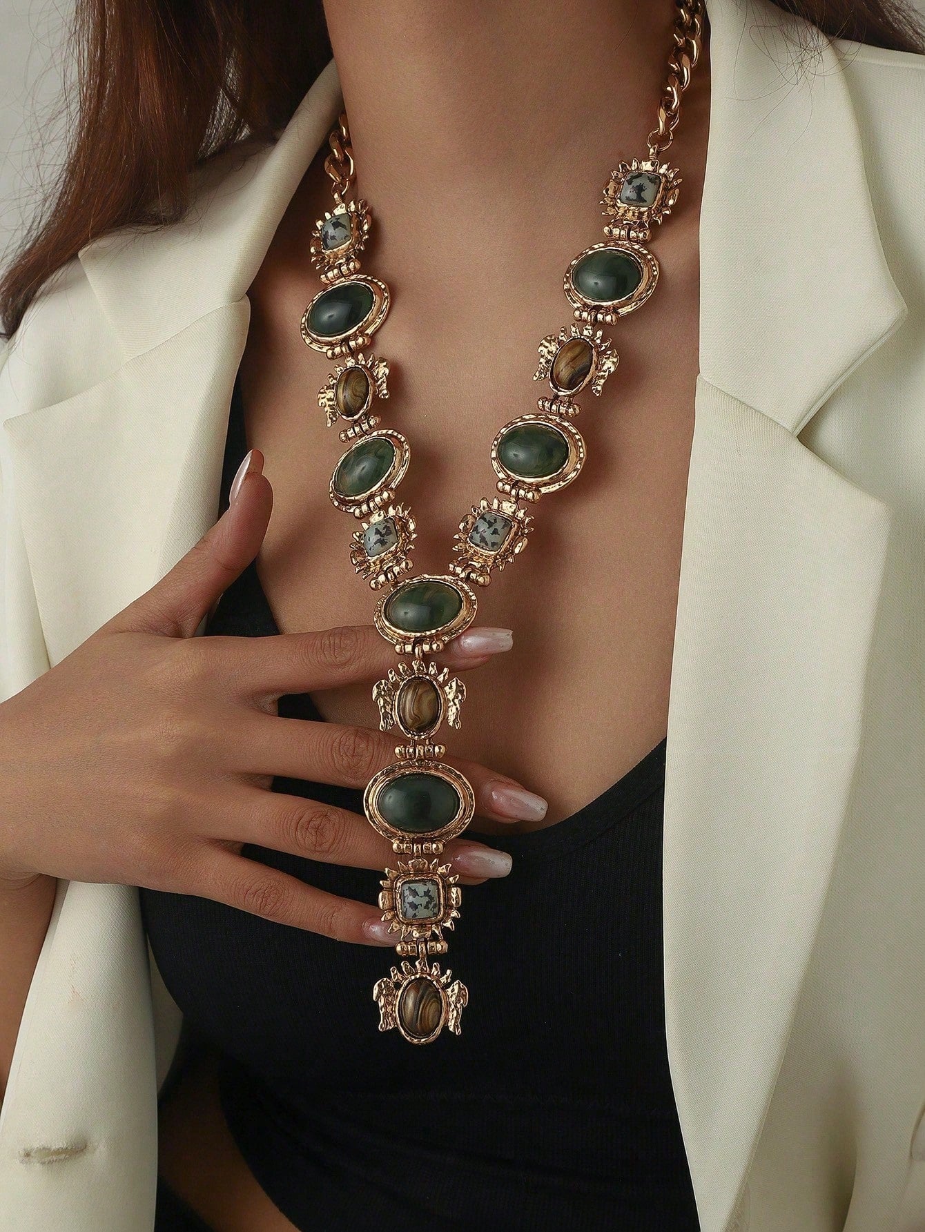 Vintage Geometric Faux Gemstone Y-Shaped Tassel Necklace | MIRA