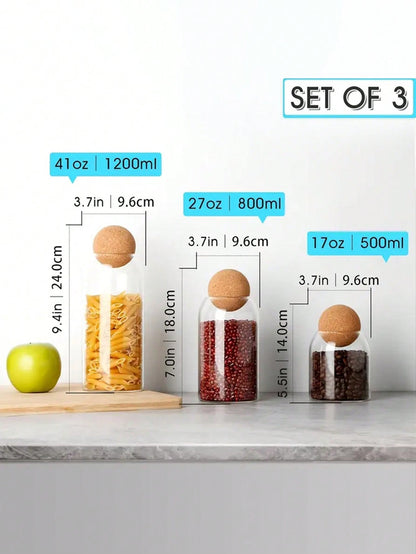 3pcs, 1200ml/41oz, 800ml/27oz, 500ml/17oz Glass Cups, Large Capacity Sealed Glass Storage Container With Spherical Cork Stopper, Reusable, Perfect For Storing Food, Coffee, Tea, Flowers, Nuts, Candies, Etc. - A Must-Have For Kitchen Storage