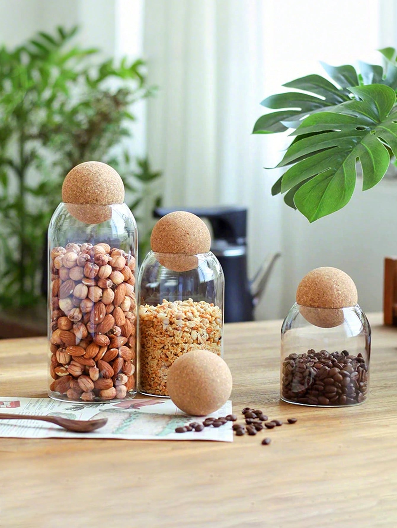 3pcs, 1200ml/41oz, 800ml/27oz, 500ml/17oz Glass Cups, Large Capacity Sealed Glass Storage Container With Spherical Cork Stopper, Reusable, Perfect For Storing Food, Coffee, Tea, Flowers, Nuts, Candies, Etc. - A Must-Have For Kitchen Storage