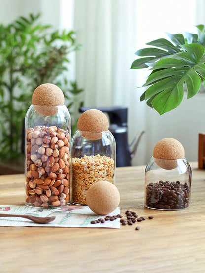 3pcs, 1200ml/41oz, 800ml/27oz, 500ml/17oz Glass Cups, Large Capacity Sealed Glass Storage Container With Spherical Cork Stopper, Reusable, Perfect For Storing Food, Coffee, Tea, Flowers, Nuts, Candies, Etc. - A Must-Have For Kitchen Storage